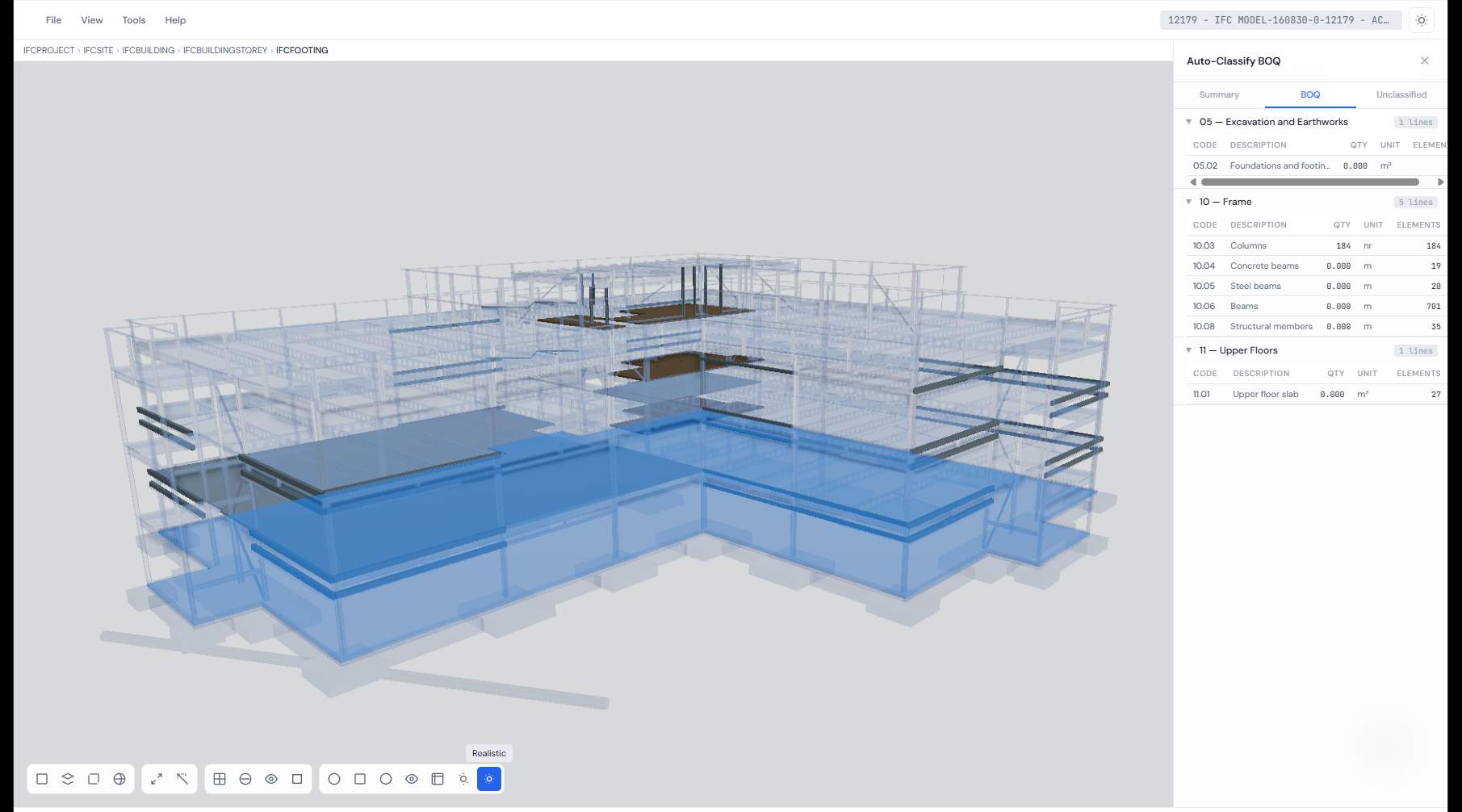 Metre2 Forma showing a BIM model with classified BOQ quantities